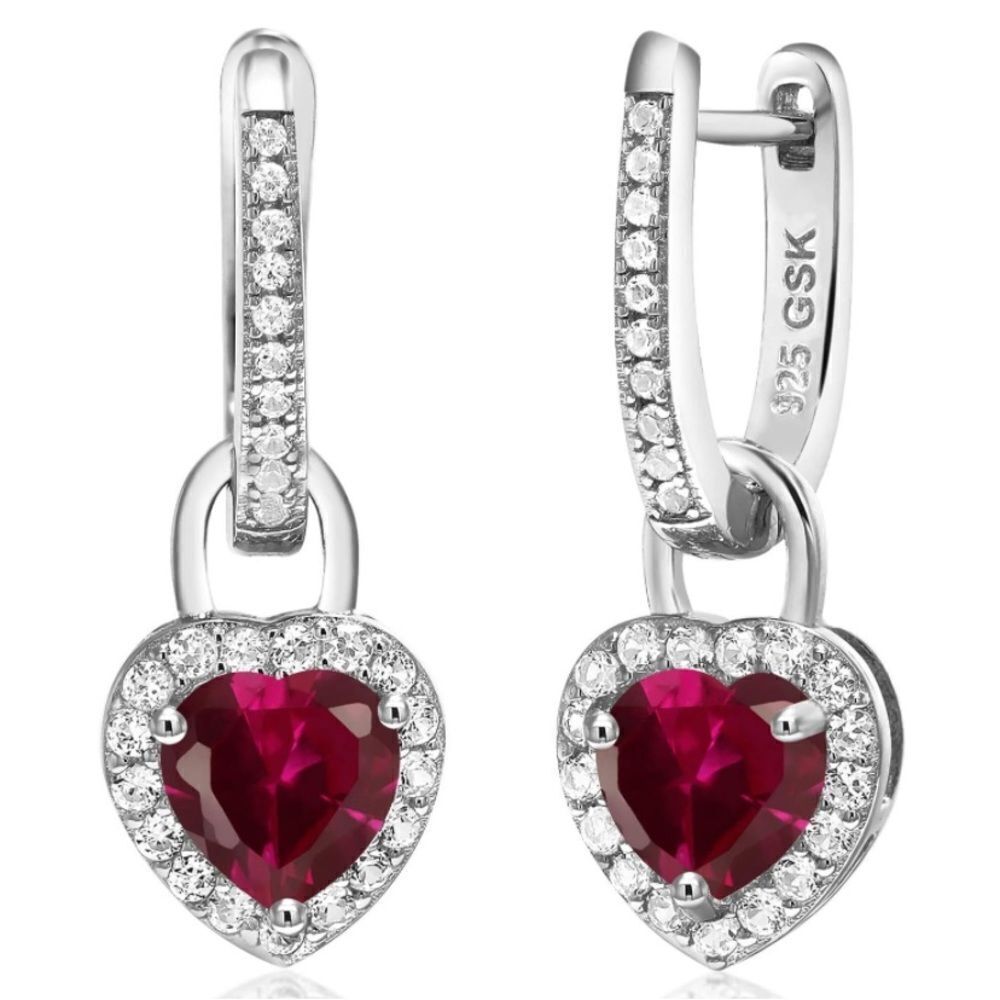 925 Sterling Silver 2.42 Cttw Ruby and White Sapphire Heart French Lock Earrings